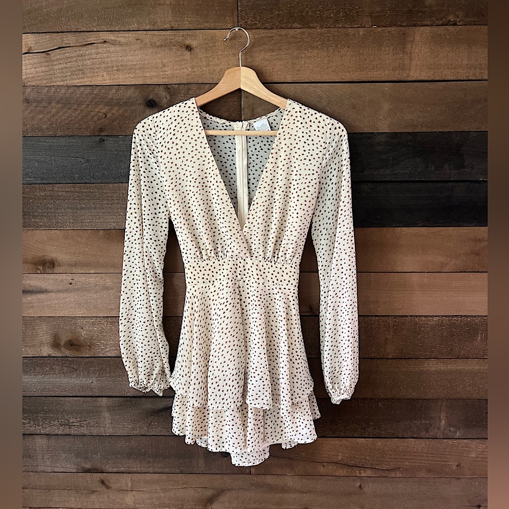Selfie Leslie Polka Dot Ruffle Romper – Long Sleeve – Tie Waist – Small